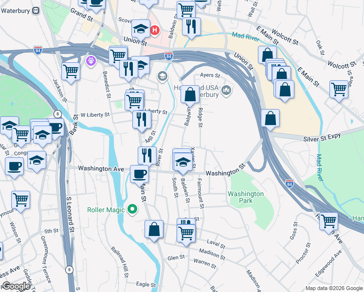 map of restaurants, bars, coffee shops, grocery stores, and more near Baldwin Street & Sylvan Avenue in Waterbury