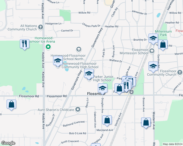 map of restaurants, bars, coffee shops, grocery stores, and more near 918 Verne Lane in Flossmoor
