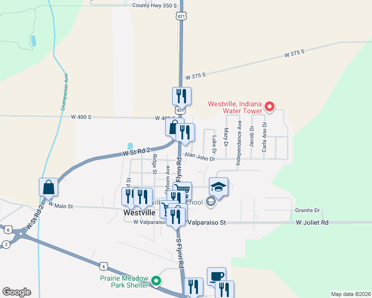 map of restaurants, bars, coffee shops, grocery stores, and more near 500 North Flynn Road in Westville