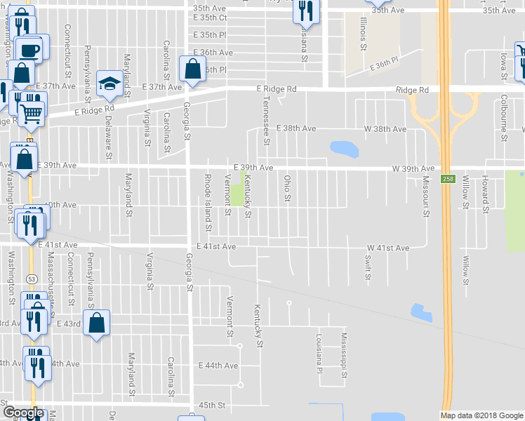 map of restaurants, bars, coffee shops, grocery stores, and more near 4002 Tennessee Street in Gary