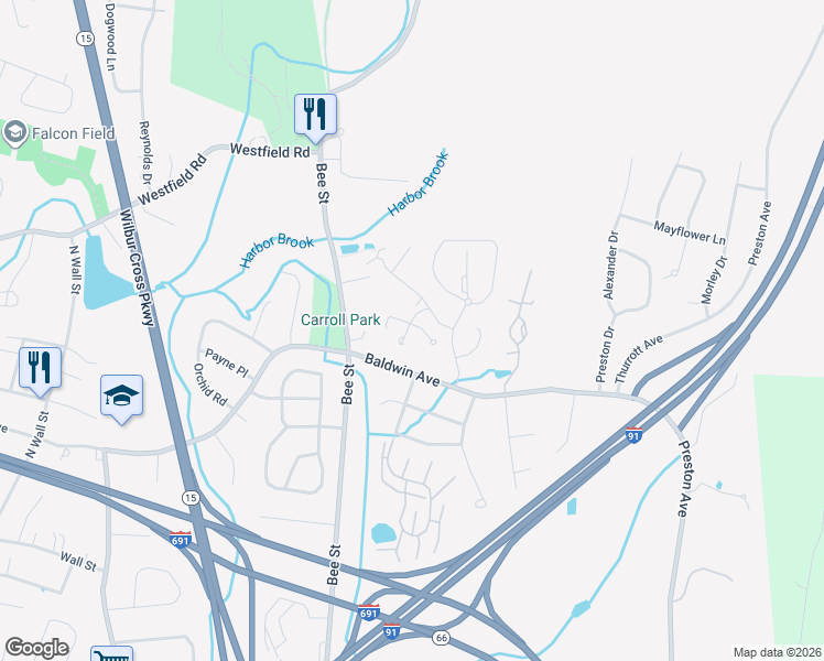 map of restaurants, bars, coffee shops, grocery stores, and more near 20 Montowese Drive in Meriden