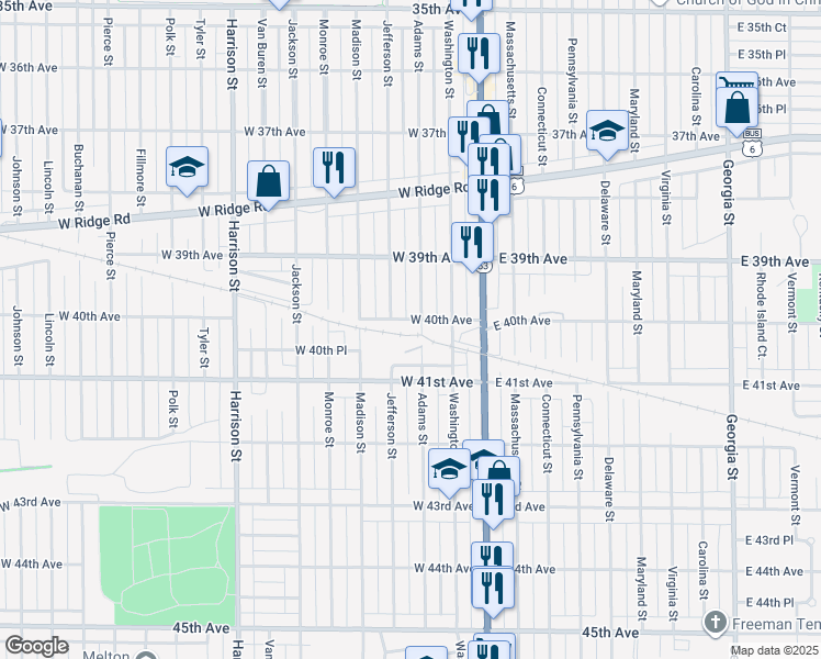 map of restaurants, bars, coffee shops, grocery stores, and more near 4010 Adams Street in Gary