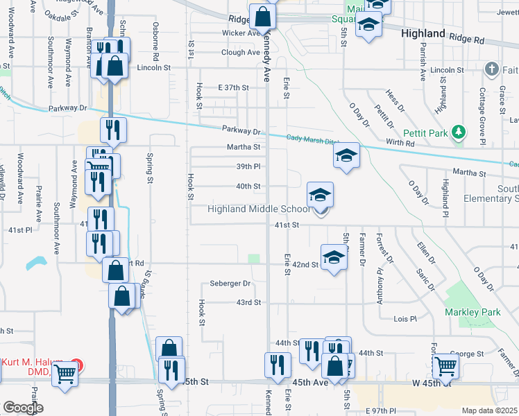 map of restaurants, bars, coffee shops, grocery stores, and more near 9230 Kennedy Avenue in Highland