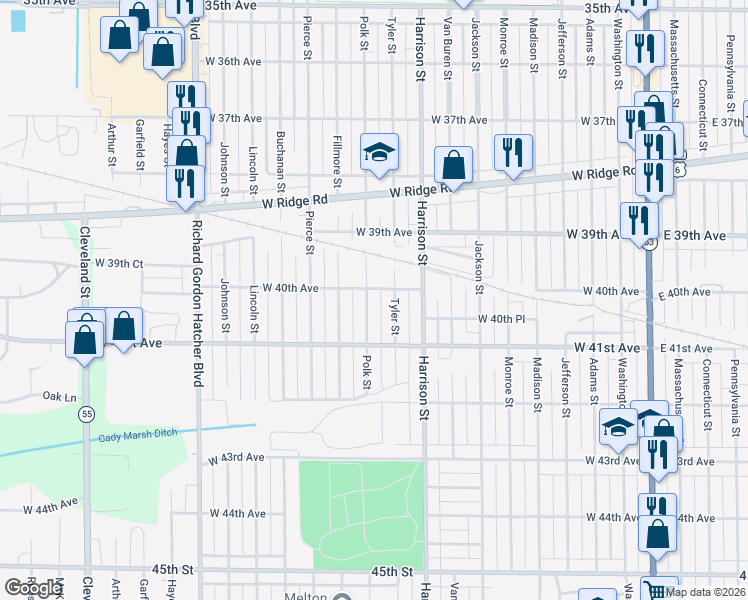 map of restaurants, bars, coffee shops, grocery stores, and more near 4013 Polk Street in Gary