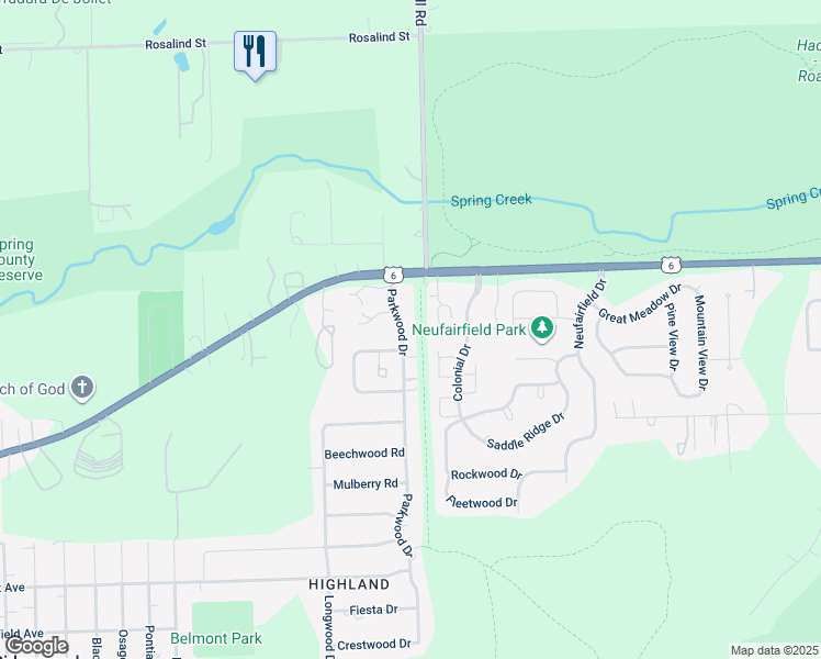 map of restaurants, bars, coffee shops, grocery stores, and more near 1100 Parkwood Drive in Joliet