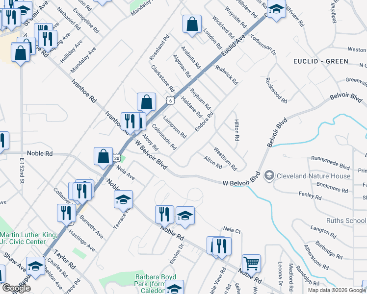 map of restaurants, bars, coffee shops, grocery stores, and more near 16612 Endora Road in Cleveland