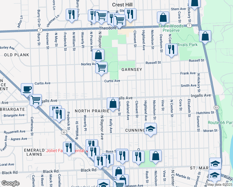 map of restaurants, bars, coffee shops, grocery stores, and more near 1205 Wilcox Street in Joliet