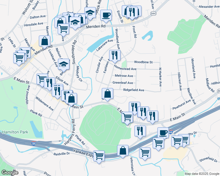 map of restaurants, bars, coffee shops, grocery stores, and more near 82 Frost Road in Waterbury