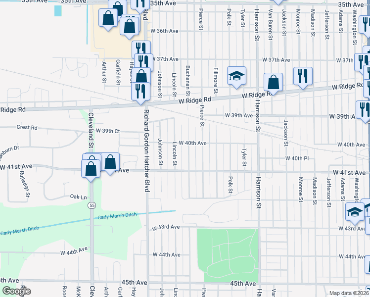 map of restaurants, bars, coffee shops, grocery stores, and more near 4018 Buchanan St in Gary