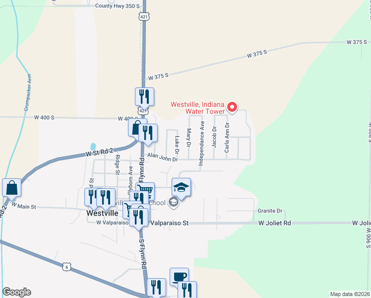 map of restaurants, bars, coffee shops, grocery stores, and more near 605 Mary Drive in Westville