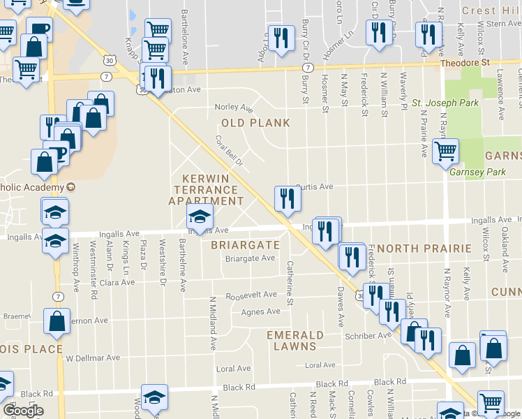 map of restaurants, bars, coffee shops, grocery stores, and more near 1220 Plainfield Road in Joliet