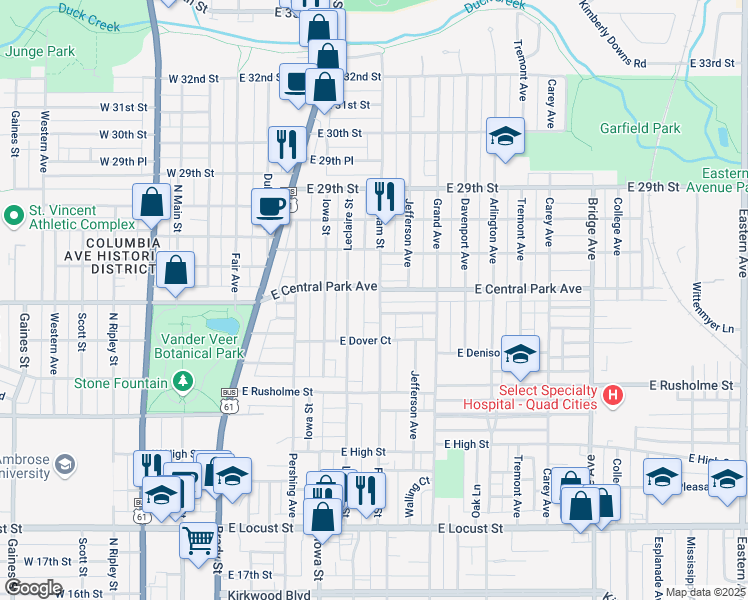map of restaurants, bars, coffee shops, grocery stores, and more near 2512 Farnam Street in Davenport