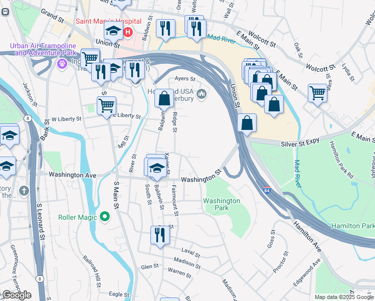 map of restaurants, bars, coffee shops, grocery stores, and more near 67 Sylvan Avenue in Waterbury