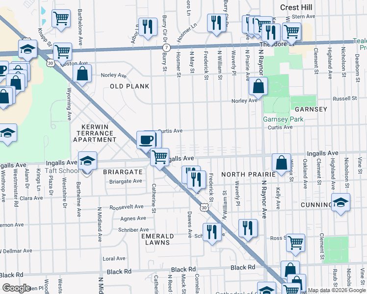 map of restaurants, bars, coffee shops, grocery stores, and more near 1206 Hosmer Street in Joliet