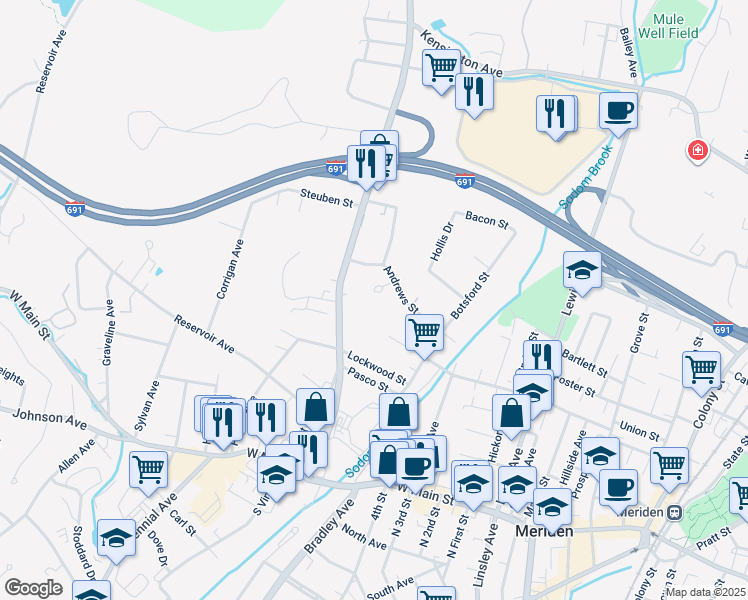 map of restaurants, bars, coffee shops, grocery stores, and more near 261 Chamberlain Highway in Meriden