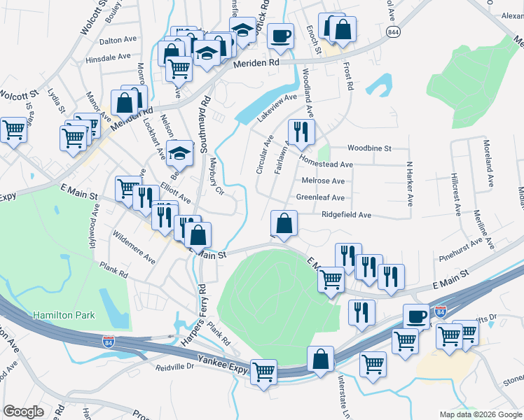 map of restaurants, bars, coffee shops, grocery stores, and more near 83 Fairlawn Avenue in Waterbury