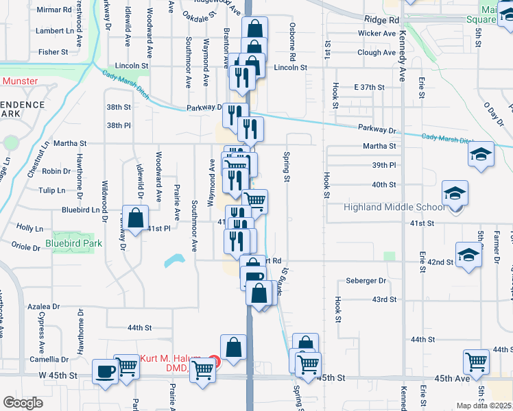 map of restaurants, bars, coffee shops, grocery stores, and more near 9233 Indianapolis Boulevard in Highland