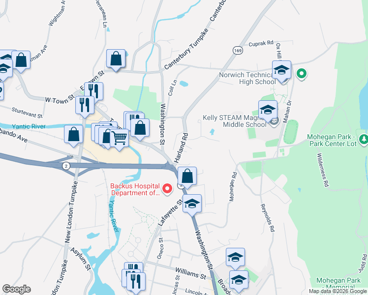 map of restaurants, bars, coffee shops, grocery stores, and more near 14 Harland Road in Norwich