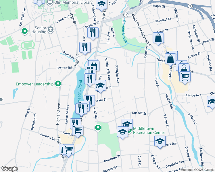 map of restaurants, bars, coffee shops, grocery stores, and more near 160 Hunting Hill Avenue in Middletown