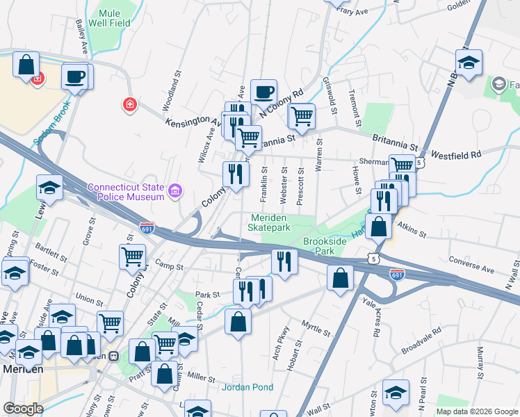 map of restaurants, bars, coffee shops, grocery stores, and more near 34 Park Avenue in Meriden