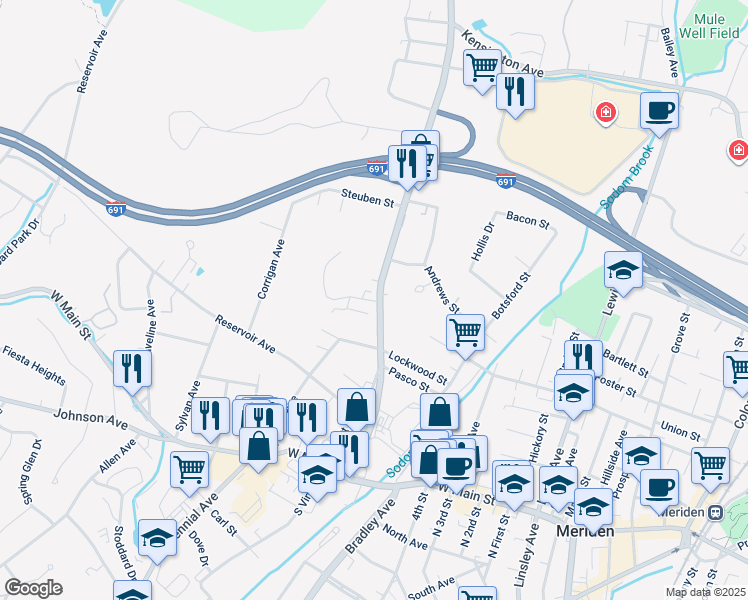 map of restaurants, bars, coffee shops, grocery stores, and more near 219 Connecticut 71 in Meriden
