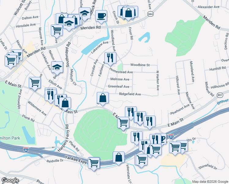 map of restaurants, bars, coffee shops, grocery stores, and more near 53 Ridgefield Avenue in Waterbury