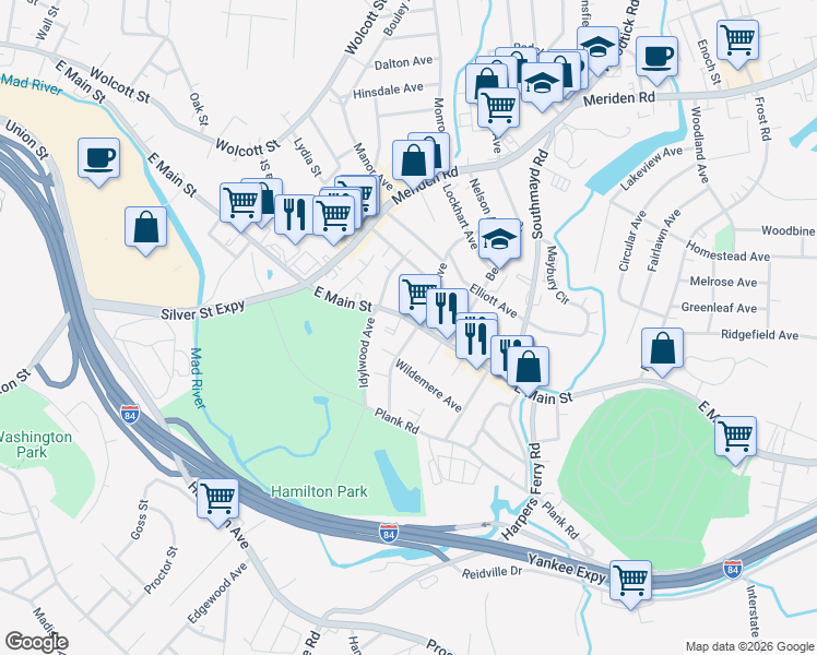 map of restaurants, bars, coffee shops, grocery stores, and more near 1712 East Main Street in Waterbury
