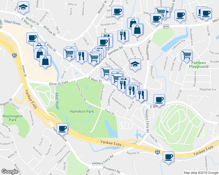map of restaurants, bars, coffee shops, grocery stores, and more near 1712 East Main Street in Waterbury