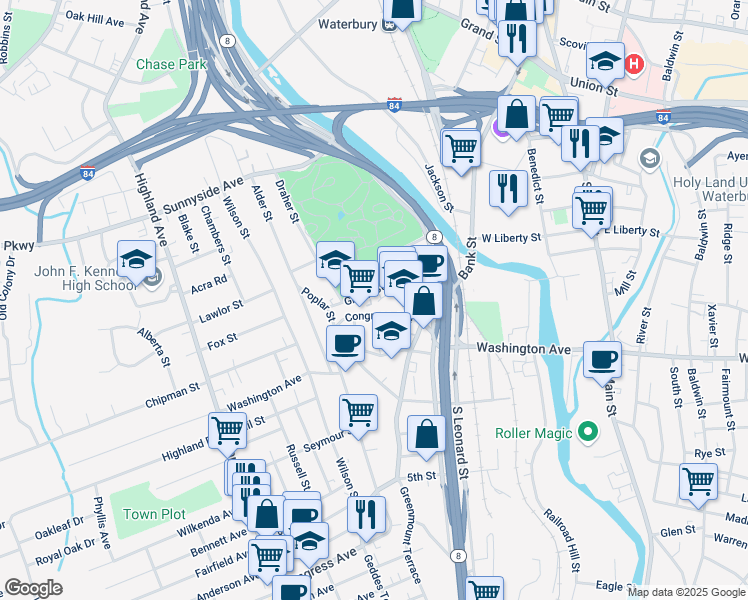 map of restaurants, bars, coffee shops, grocery stores, and more near 23 John Street in Waterbury