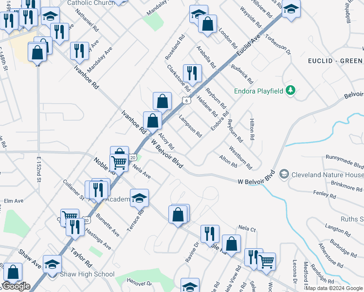 map of restaurants, bars, coffee shops, grocery stores, and more near 1886 Colonnade Road in Cleveland