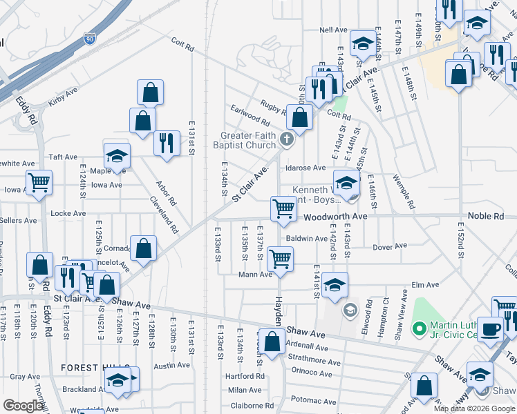 map of restaurants, bars, coffee shops, grocery stores, and more near 13603 Woodworth Avenue in Cleveland