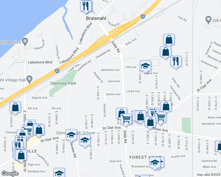 map of restaurants, bars, coffee shops, grocery stores, and more near 11718 Oakview Avenue in Cleveland
