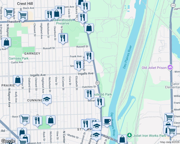 map of restaurants, bars, coffee shops, grocery stores, and more near 209 Ingalls Avenue in Joliet