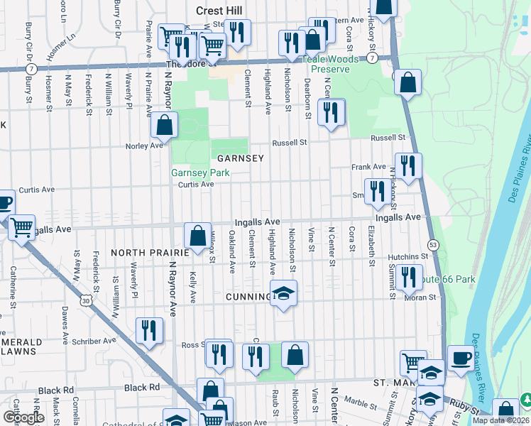 map of restaurants, bars, coffee shops, grocery stores, and more near 1202 Clement Street in Joliet