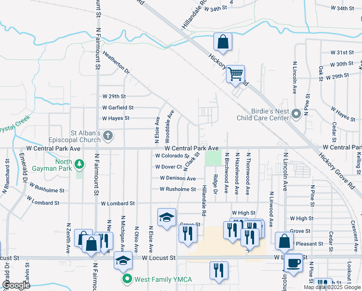 map of restaurants, bars, coffee shops, grocery stores, and more near 2605 North Concord Street in Davenport