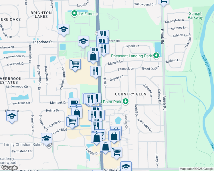 map of restaurants, bars, coffee shops, grocery stores, and more near 4713 Sandpiper Lane in Plainfield