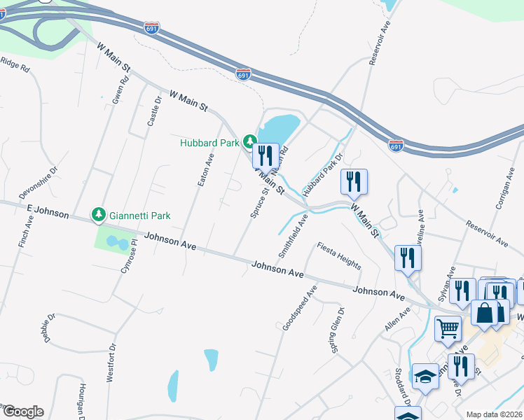map of restaurants, bars, coffee shops, grocery stores, and more near 48 Spruce Street in Meriden