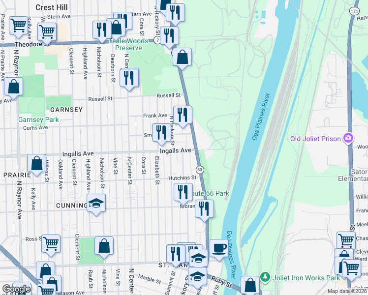 map of restaurants, bars, coffee shops, grocery stores, and more near 209 Ingalls Avenue in Joliet