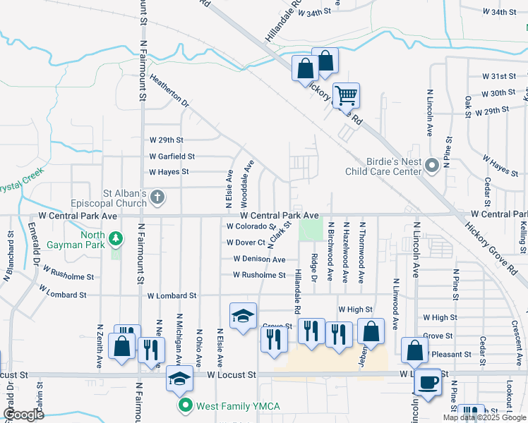 map of restaurants, bars, coffee shops, grocery stores, and more near 2605 North Concord Street in Davenport