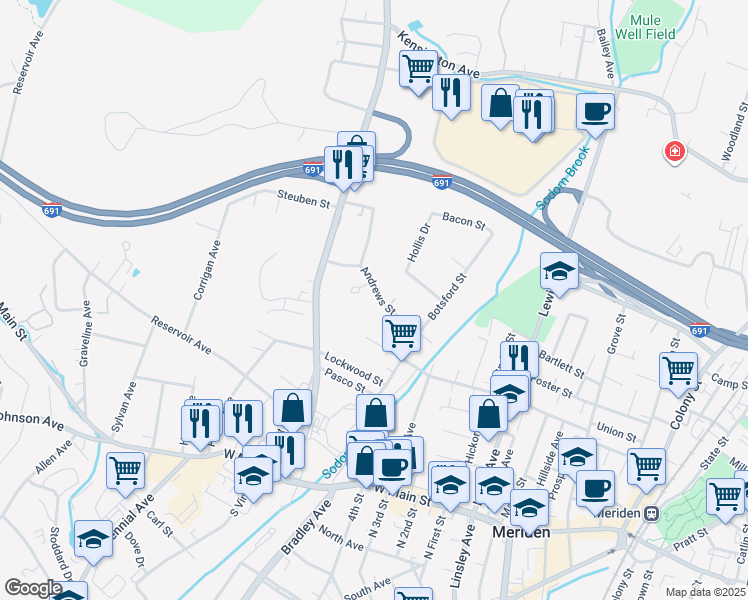 map of restaurants, bars, coffee shops, grocery stores, and more near 126 Andrews Street in Meriden