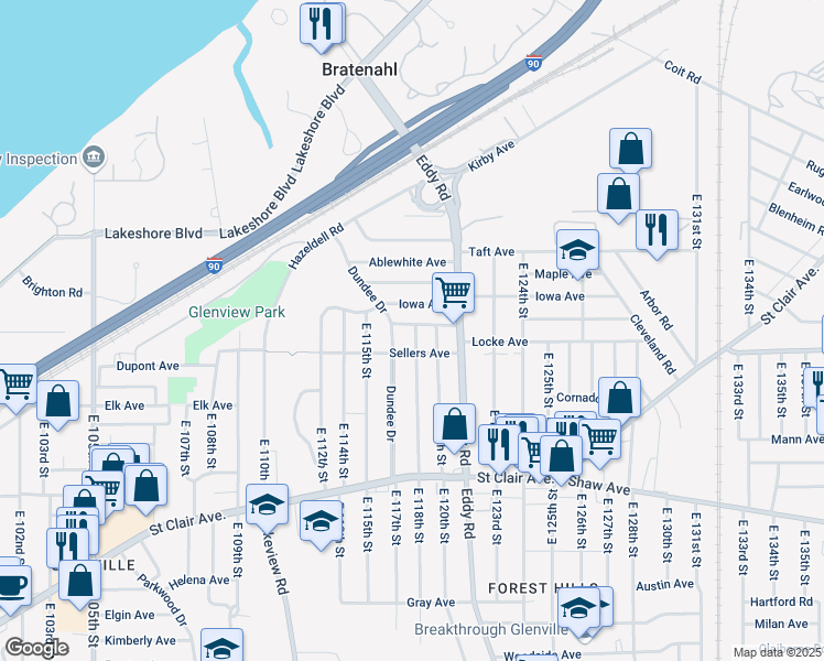 map of restaurants, bars, coffee shops, grocery stores, and more near 11718 Oakview Avenue in Cleveland