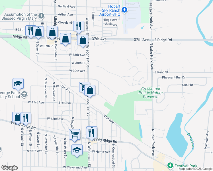 map of restaurants, bars, coffee shops, grocery stores, and more near 625 West 39th Place in Hobart