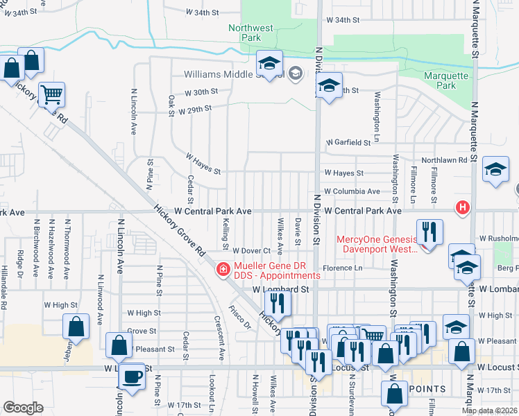 map of restaurants, bars, coffee shops, grocery stores, and more near 2604 North Howell Street in Davenport