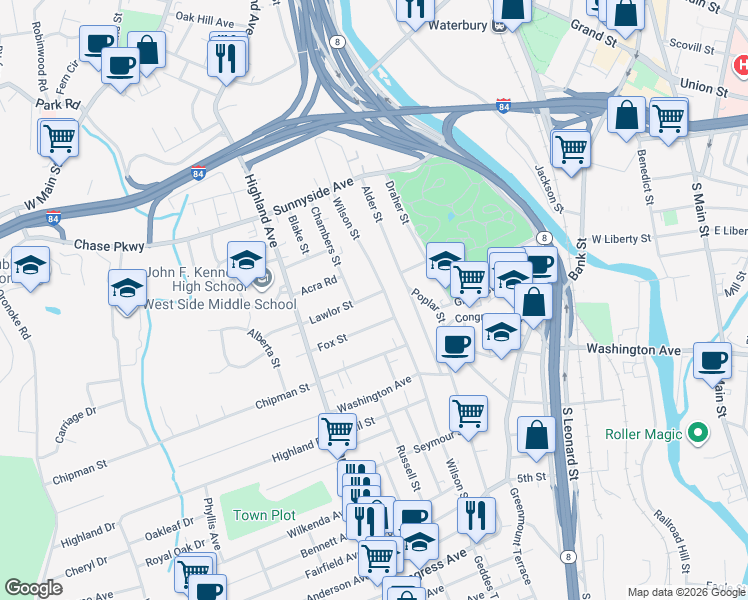 map of restaurants, bars, coffee shops, grocery stores, and more near 33 Lawlor Street in Waterbury