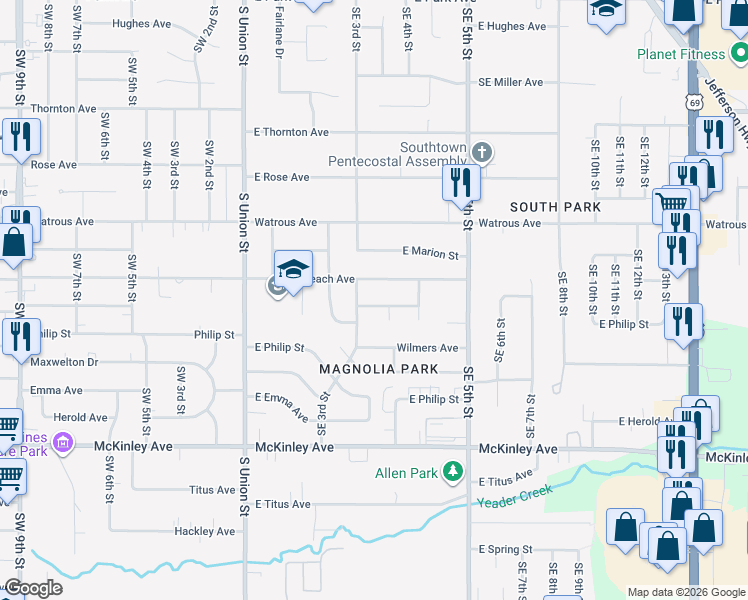 map of restaurants, bars, coffee shops, grocery stores, and more near 314 East Trowbridge Street in Des Moines