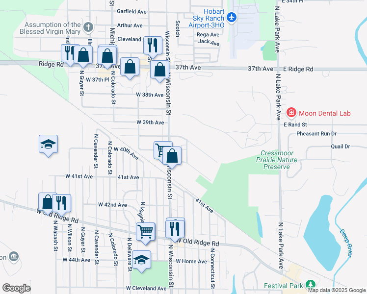 map of restaurants, bars, coffee shops, grocery stores, and more near 504 North Washington Street in Hobart