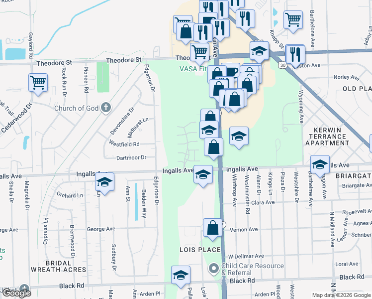 map of restaurants, bars, coffee shops, grocery stores, and more near 1231 Bayberry Drive in Joliet