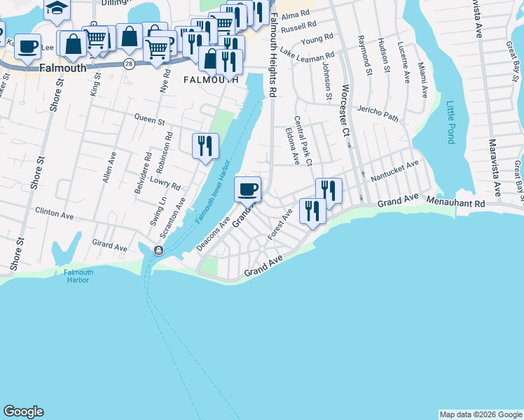 map of restaurants, bars, coffee shops, grocery stores, and more near 16 Vesper Avenue in Falmouth