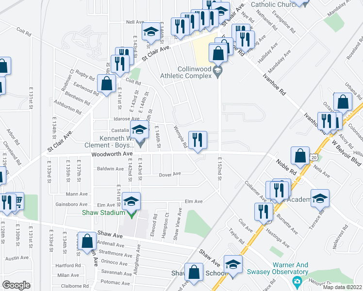 map of restaurants, bars, coffee shops, grocery stores, and more near 14767 Coit Road in Cleveland