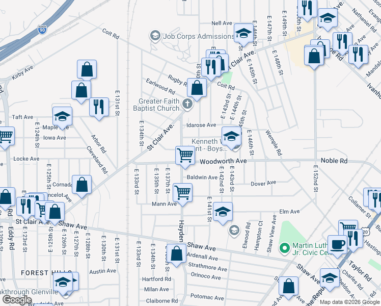 map of restaurants, bars, coffee shops, grocery stores, and more near 1201 Hayden Avenue in Cleveland